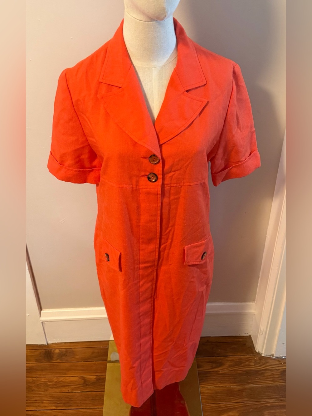 Vintage Henry Lee orange red button up collared midi knee length dress 70s 80s - Picture 2 of 8